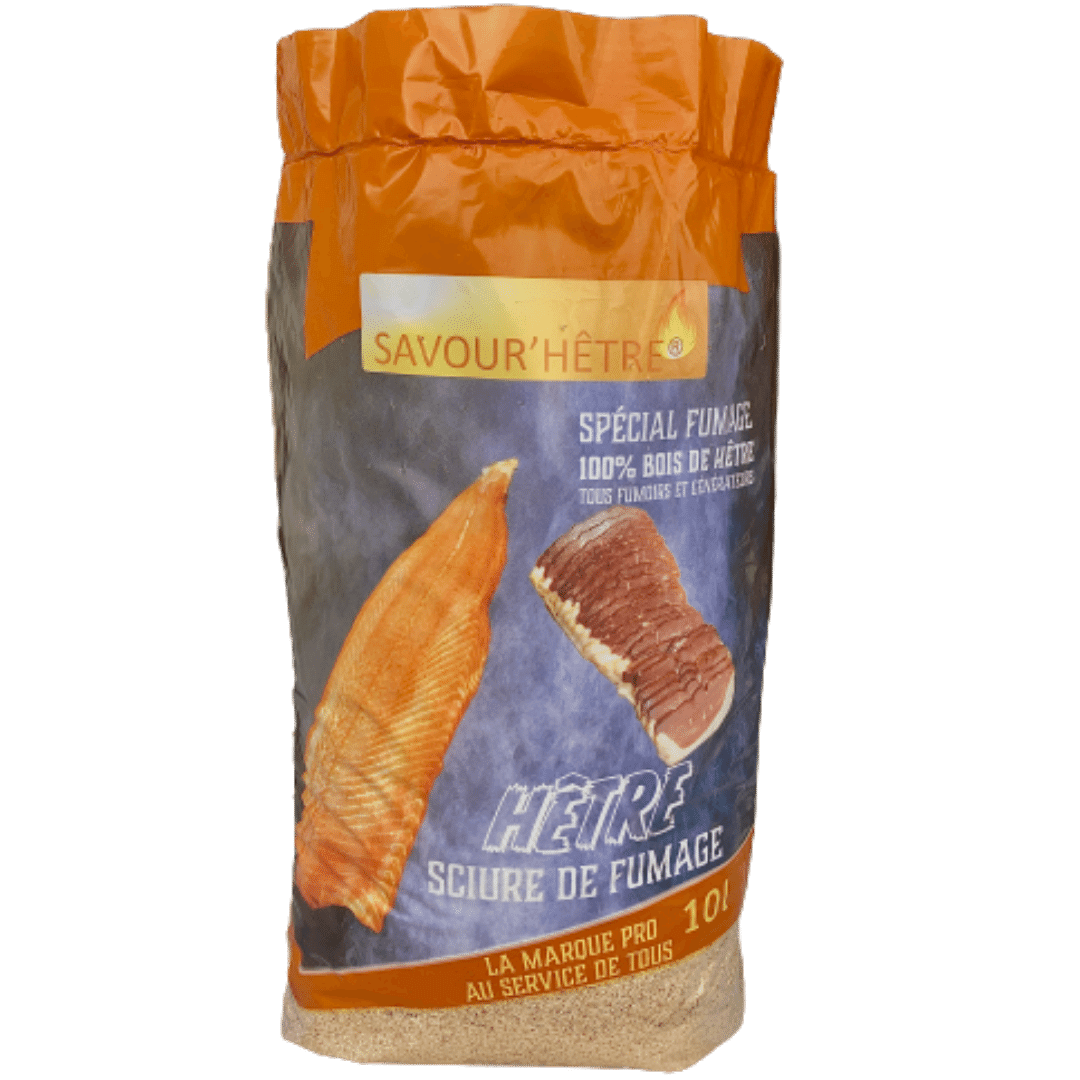 Sac 10 litres de sciure de fumage au bois de hêtre, 100% naturelle, pour fumage de vos aliments et poissons pour tout fumoir. Fumage à chaud ou fumage à froid