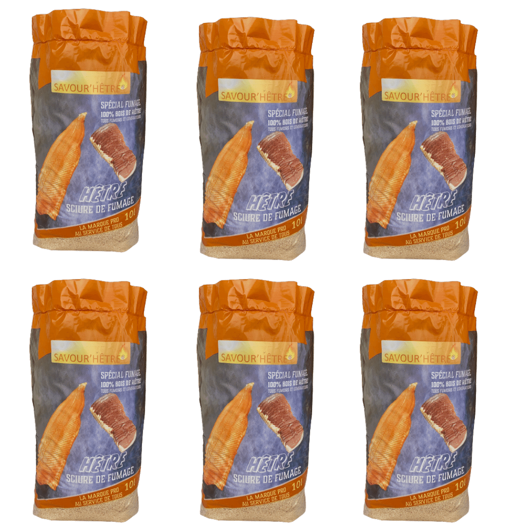 Pack de 6 sacs de sciure de fumage au bois de hêtre, 100% naturelle, pour fumage de vos aliments et poissons pour tout fumoir. Fumage à chaud ou fumage à froid