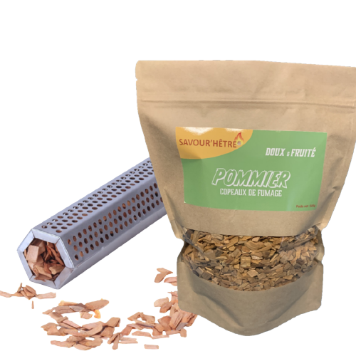 Pack tube de fumage pour copeaux de fumage en acier inoxydable parfait pour fumage au barbecue en forme hexagonale + copeaux de fumage au bois de pommier 100% naturel qui provoque un goût doux et fruité aux viandes poissons et autre grillades 500g